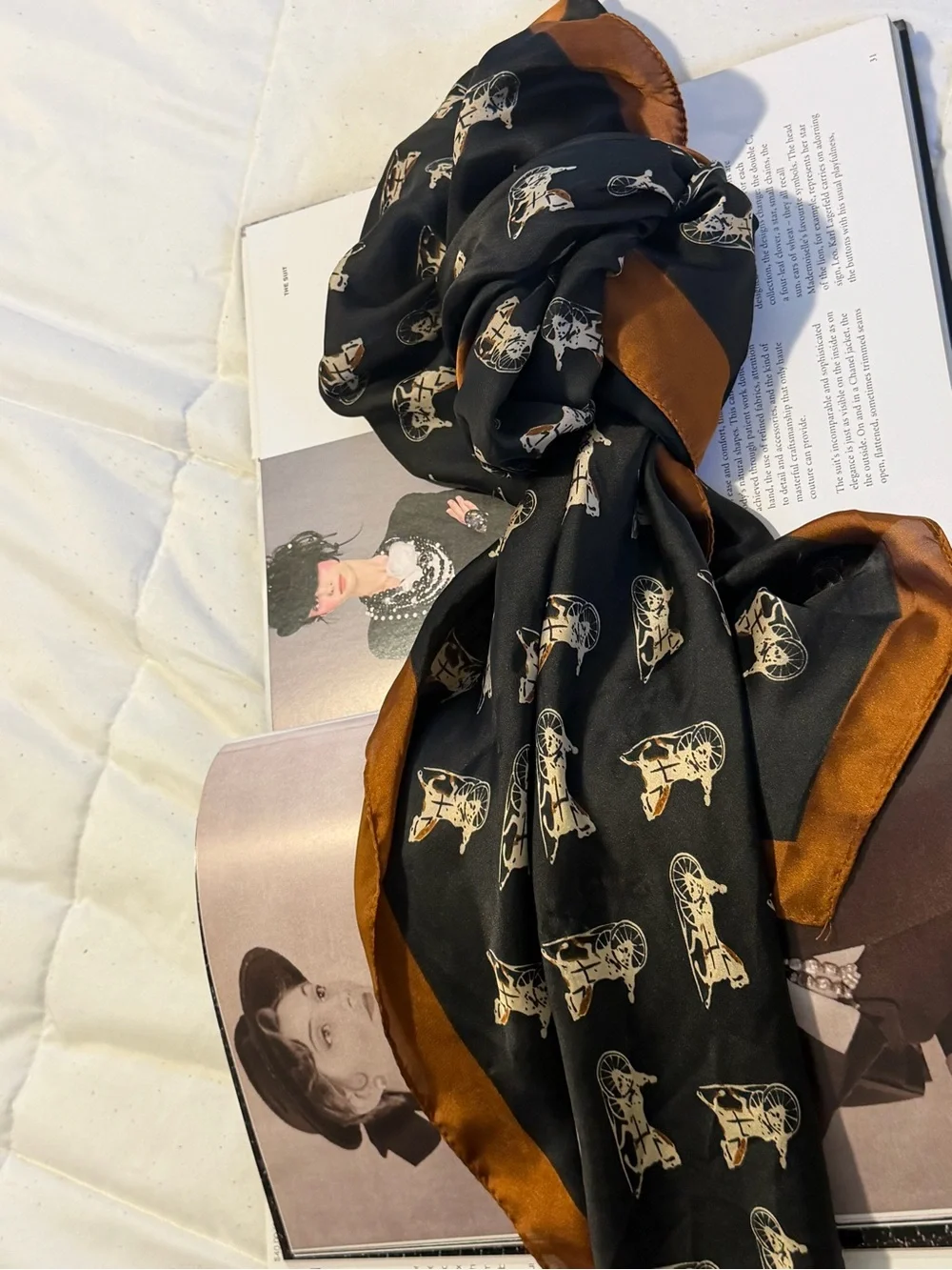 Black & Brown Printed Silk-Look Scarf for Women